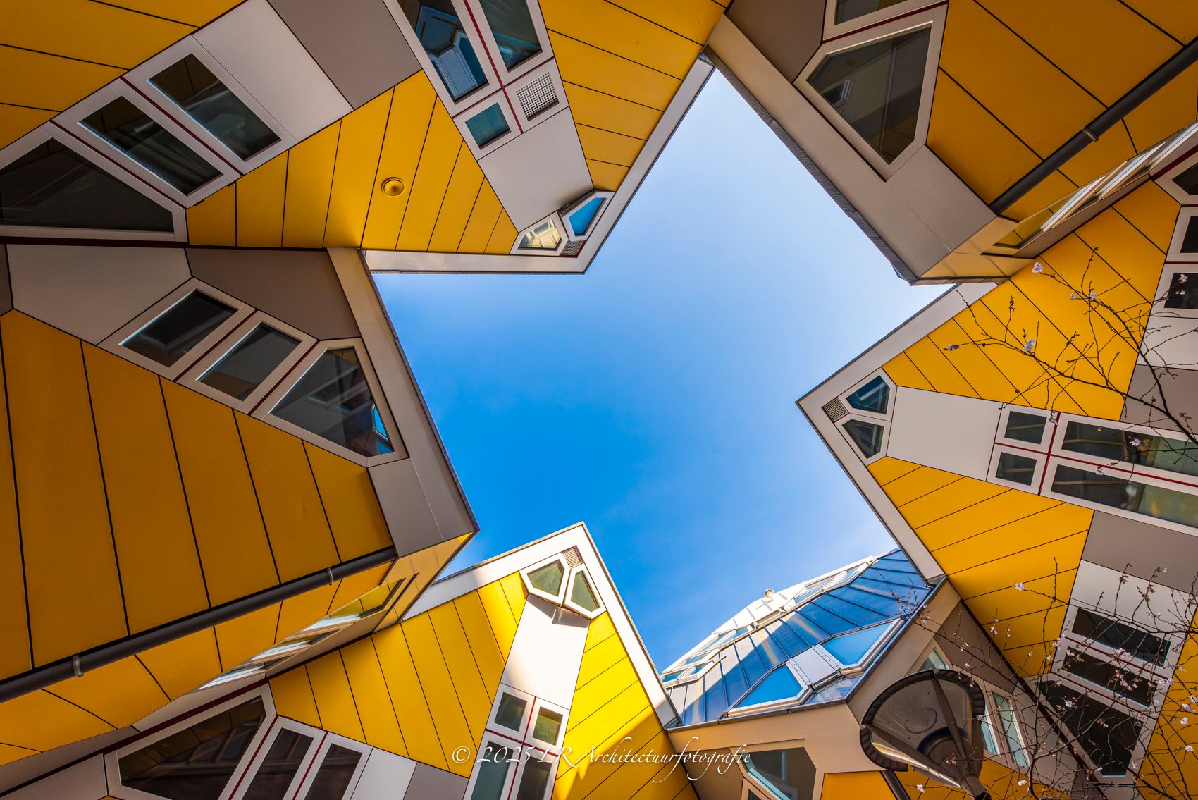 Kubuswoningen in Rotterdam, van onderaf gefotografeerd, gele kubussen die uitwaaieren rond een ster van heldere lucht.