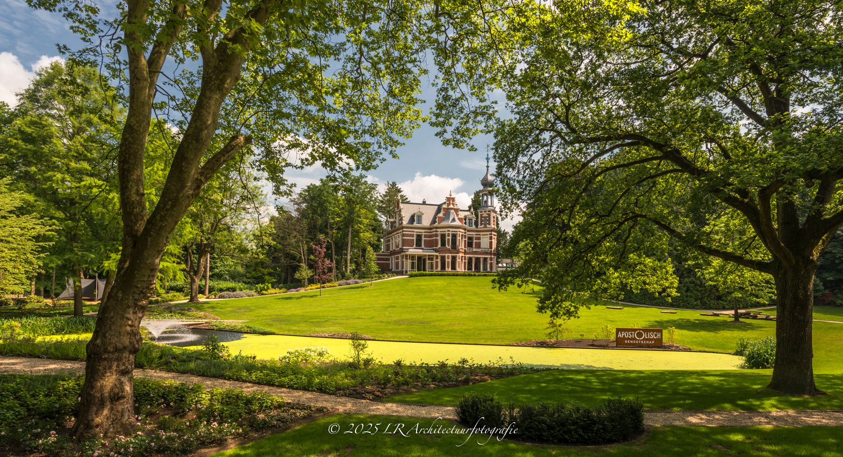 Een breed beeld van een parklaan met bomen langs het pad.